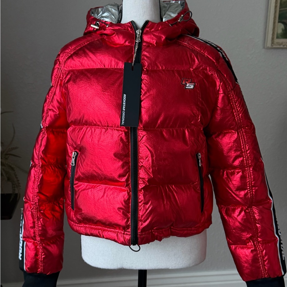 Metallic Red Women's Puffer Jacket - Picture 3 of 12